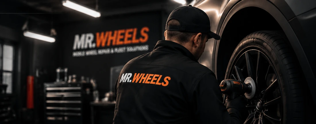 MR.WHEELS-branded technician restoring an alloy wheel — illustrative imagery
