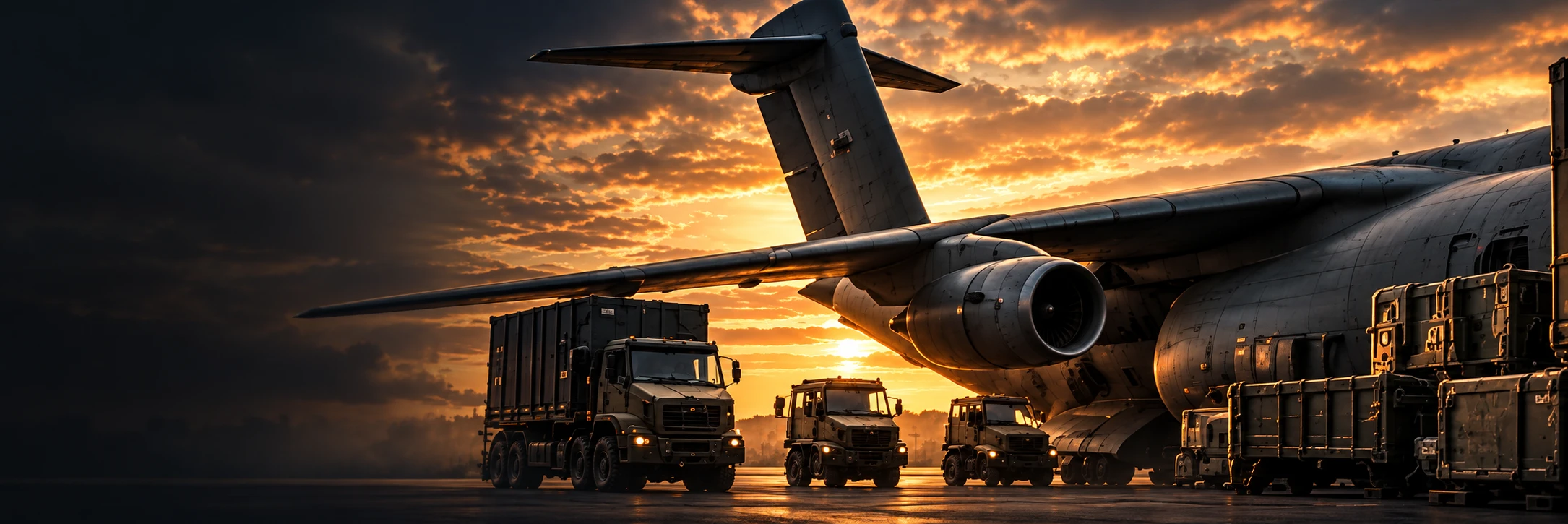 Transport aircraft and logistics vehicles at sunset — illustrative imagery